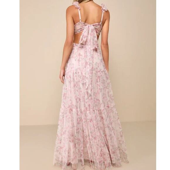 Lulus NWOT Ethereal Love Blush Floral Pleated Tiered Tie-Back Mesh Maxi Dress XS - Picture 6 of 10